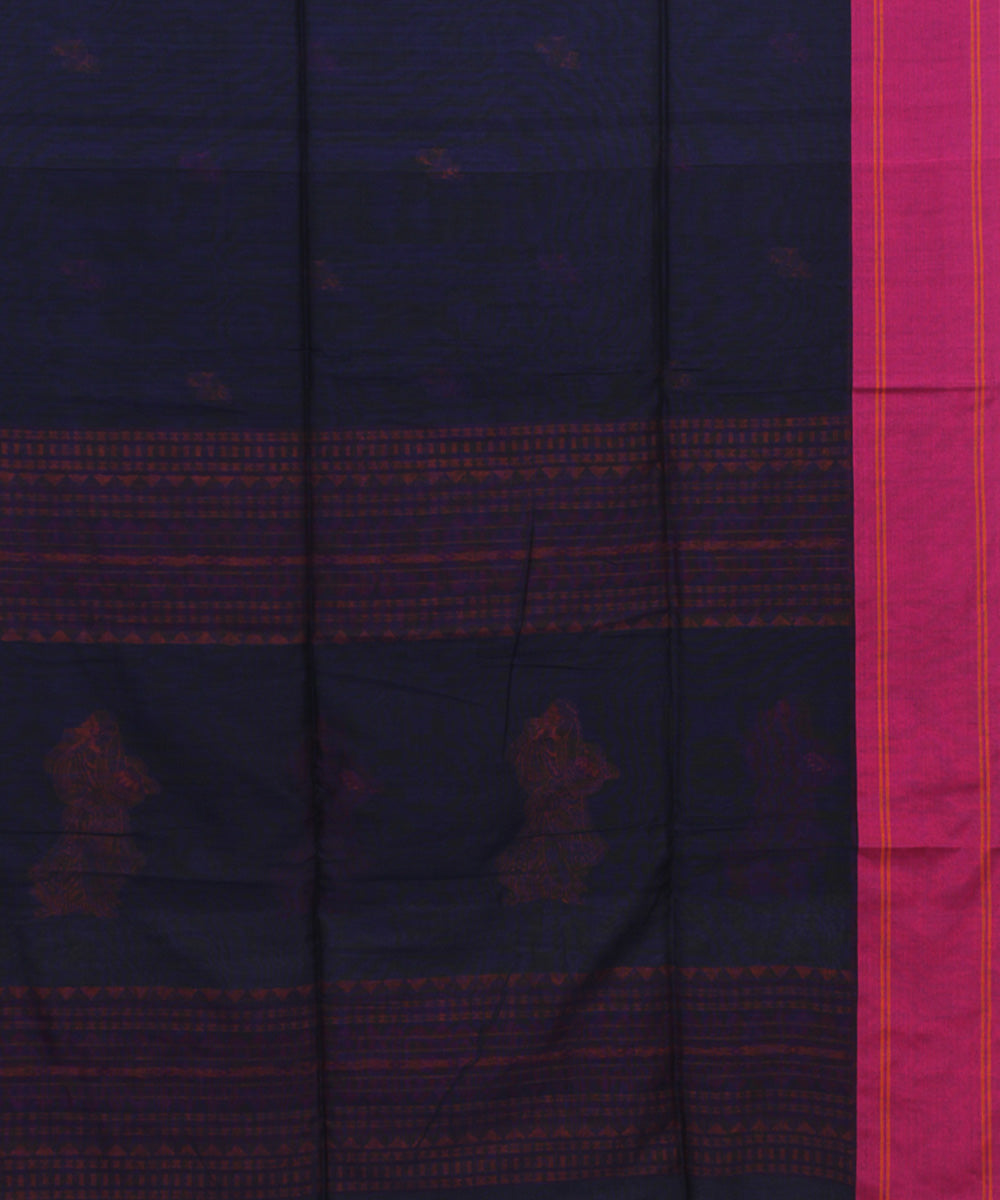 Navy Blue Pink Orange bengal handloom Cotton Saree