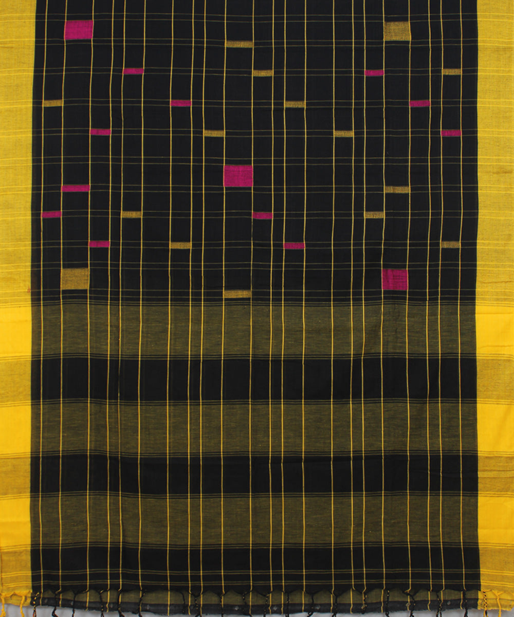 Black Yellow Pink bengal handloom Cotton  Saree