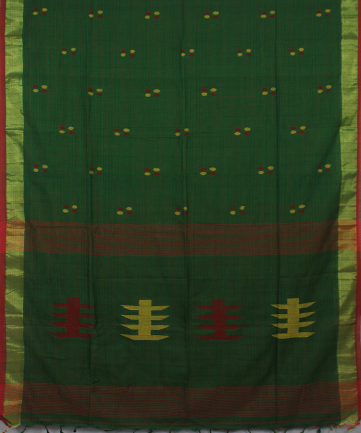 Dark Green Red bengal handloom Cotton  Saree