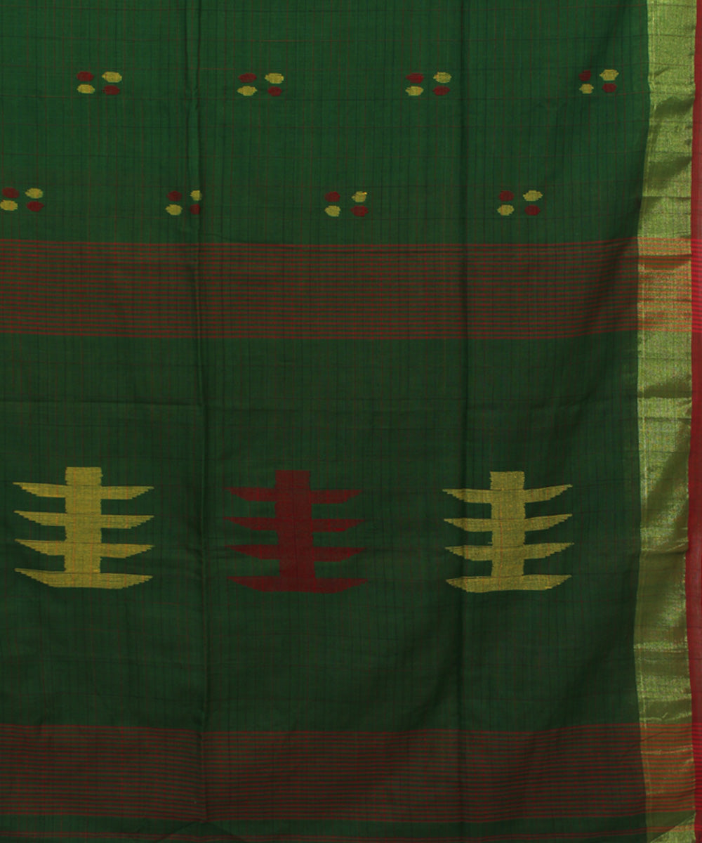 Dark Green Red bengal handloom Cotton  Saree