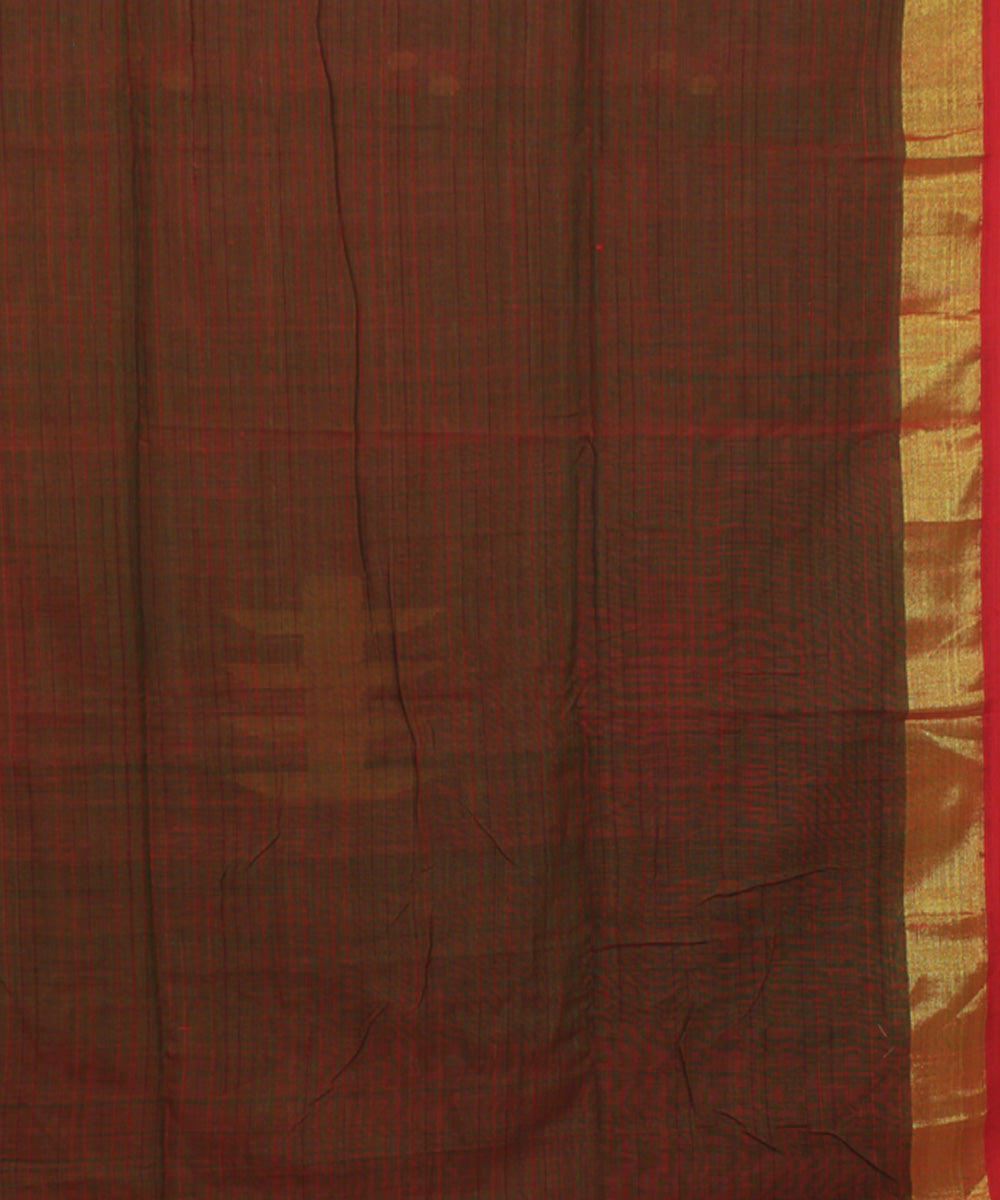 Dark Green Red bengal handloom Cotton  Saree