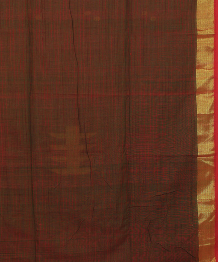 Dark Green Red bengal handloom Cotton  Saree