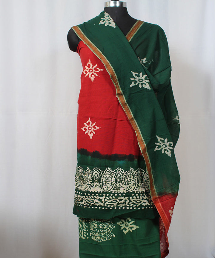 3pc Red green hand printed cotton batik suit set