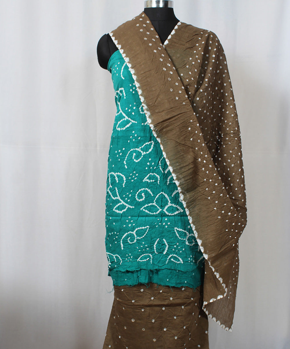 3pc Turquoise blue brown cotton hand printed bandhani suit set