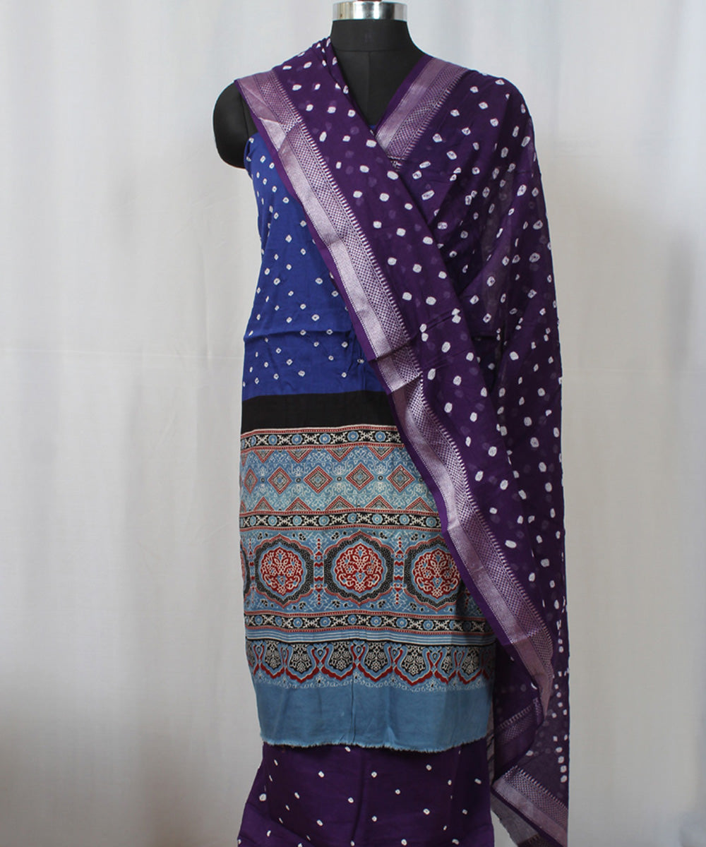 3pc Blue violet cotton hand printed bandhani suit set