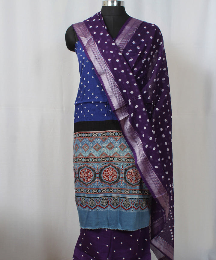 3pc Blue violet cotton hand printed bandhani suit set