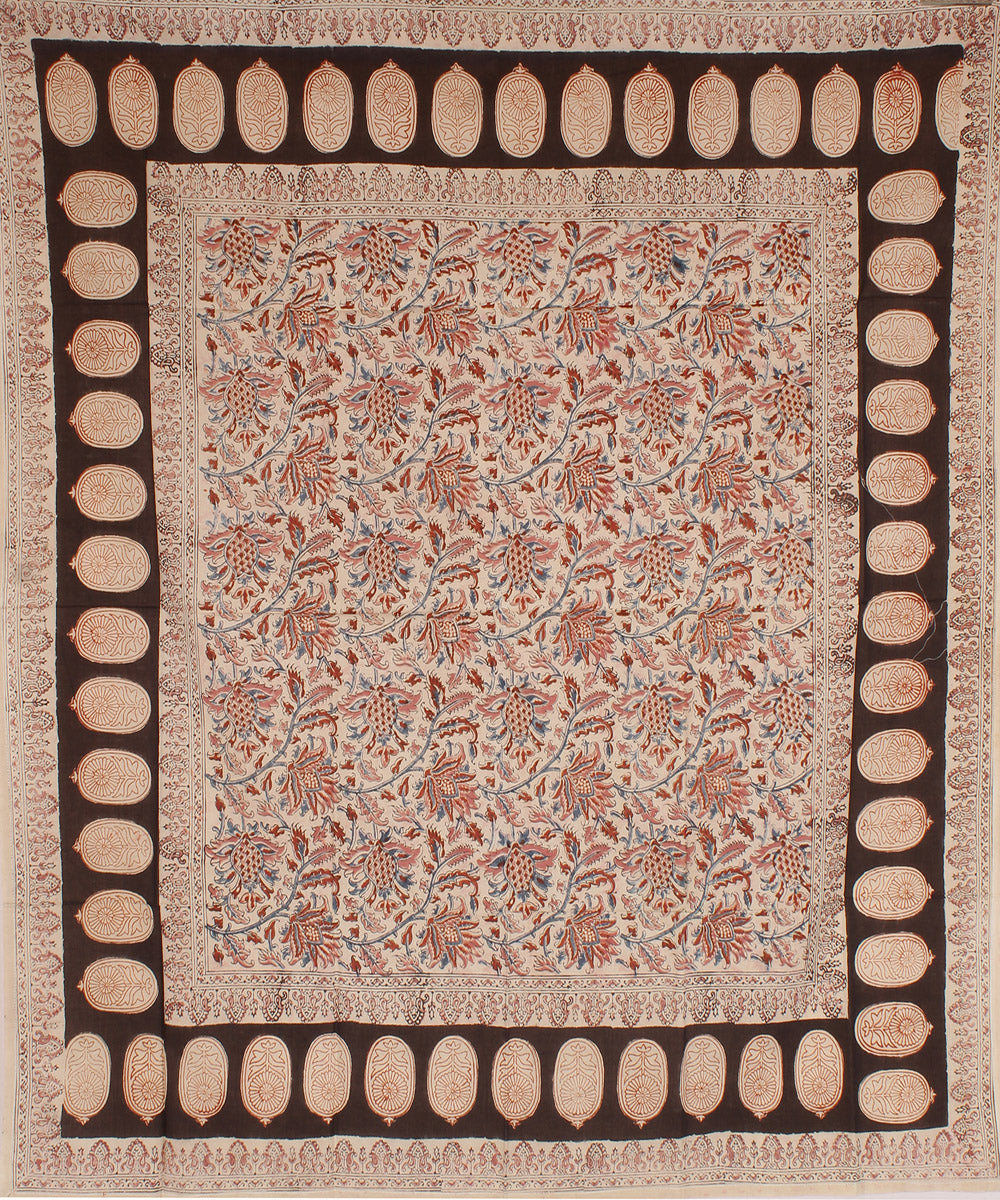 Light cream hand printed kalamkari cotton square scarf