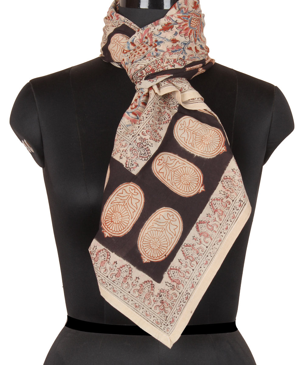 Light cream hand printed kalamkari cotton square scarf