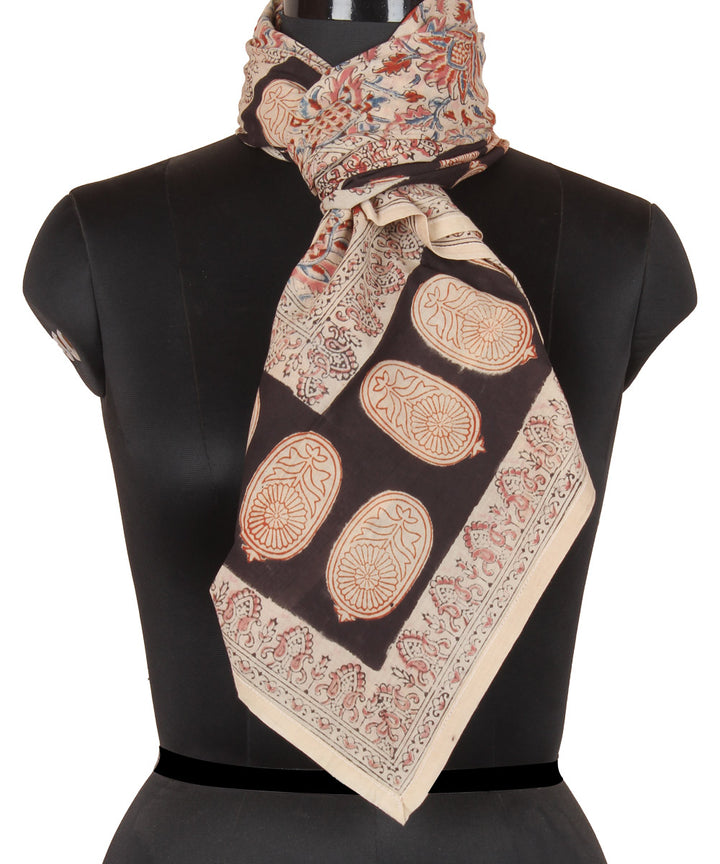 Light cream hand printed kalamkari cotton square scarf