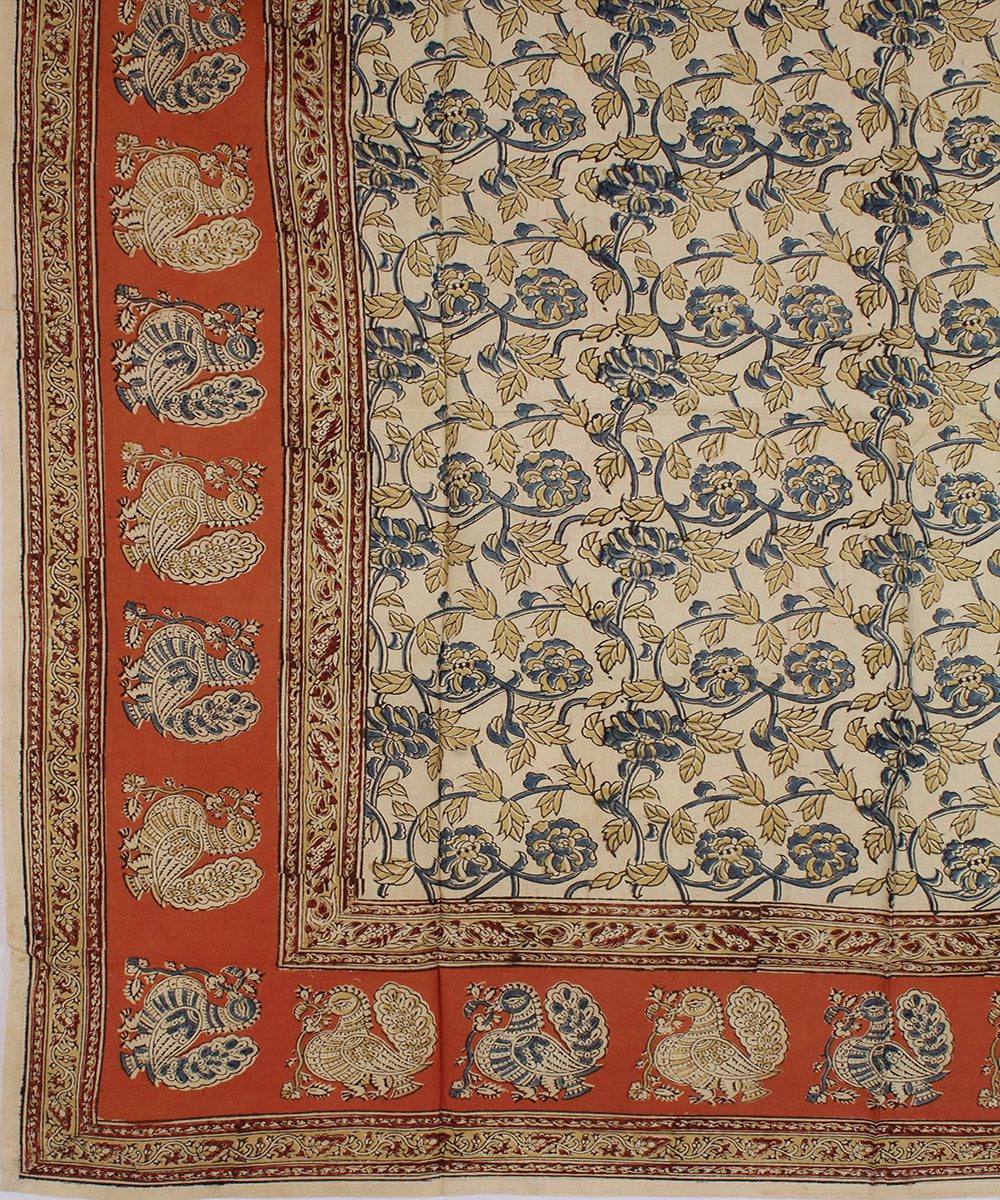 Cream multicolor hand printed kalamkari square scarf