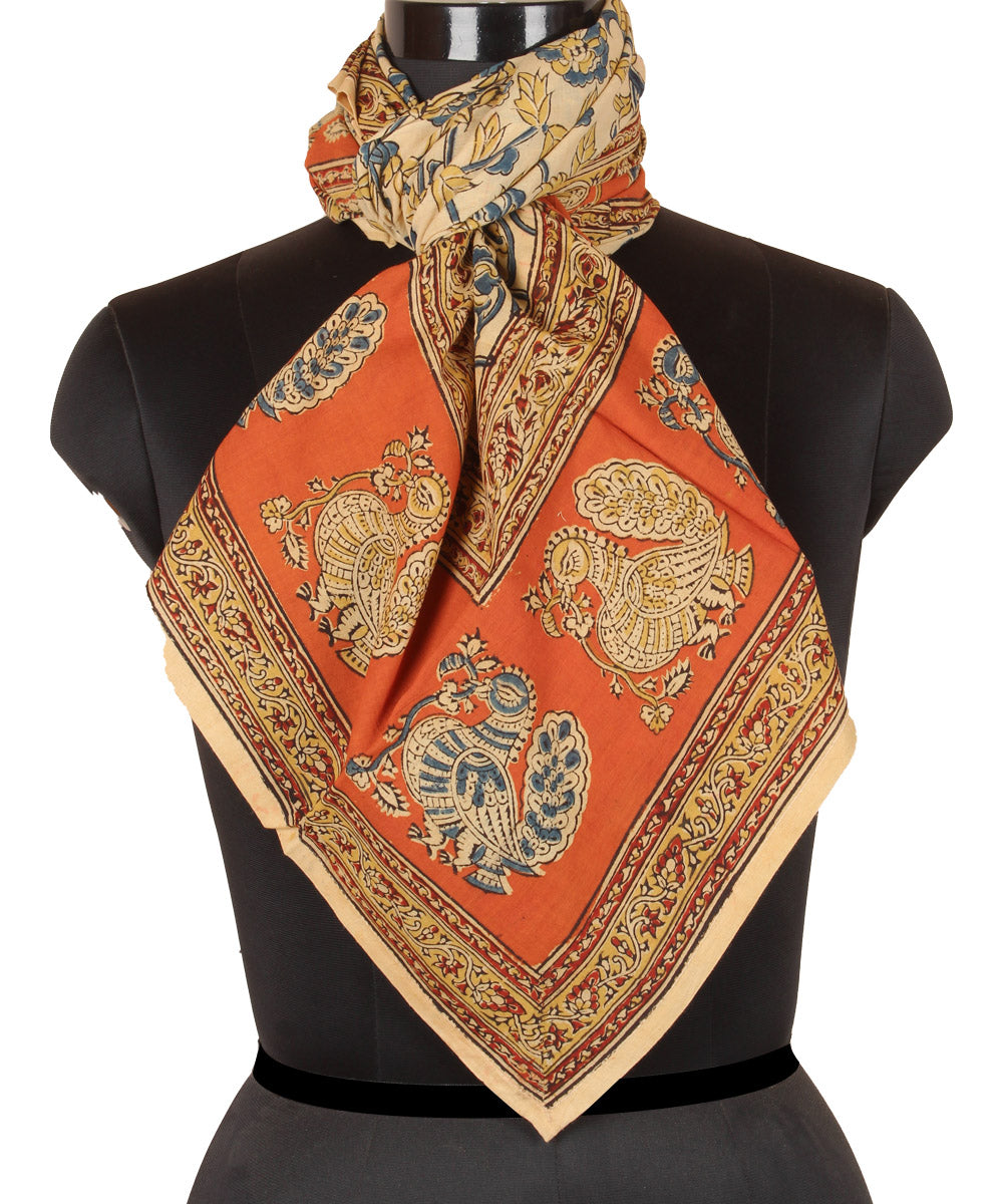 Cream multicolor hand printed kalamkari square scarf