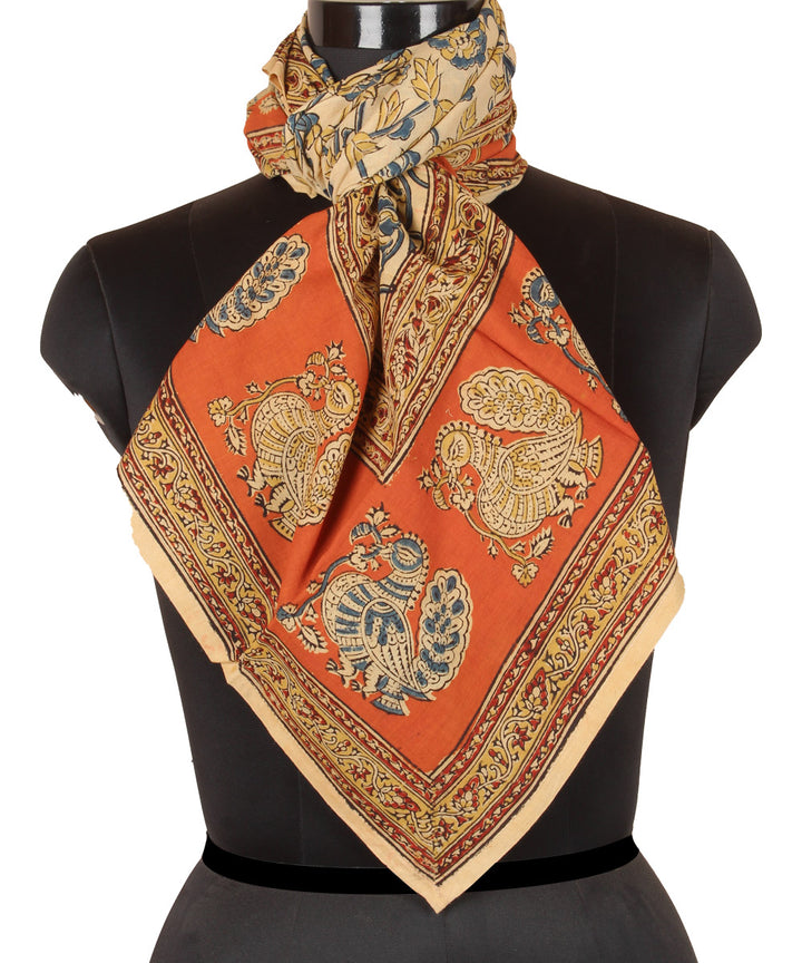 Cream multicolor hand printed kalamkari square scarf