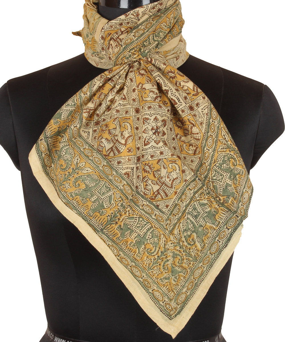 Beige multicolor hand printed kalamkari square scarf