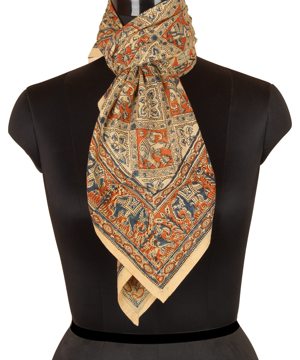 Multi colour hand printed kalamkari cotton square scarf