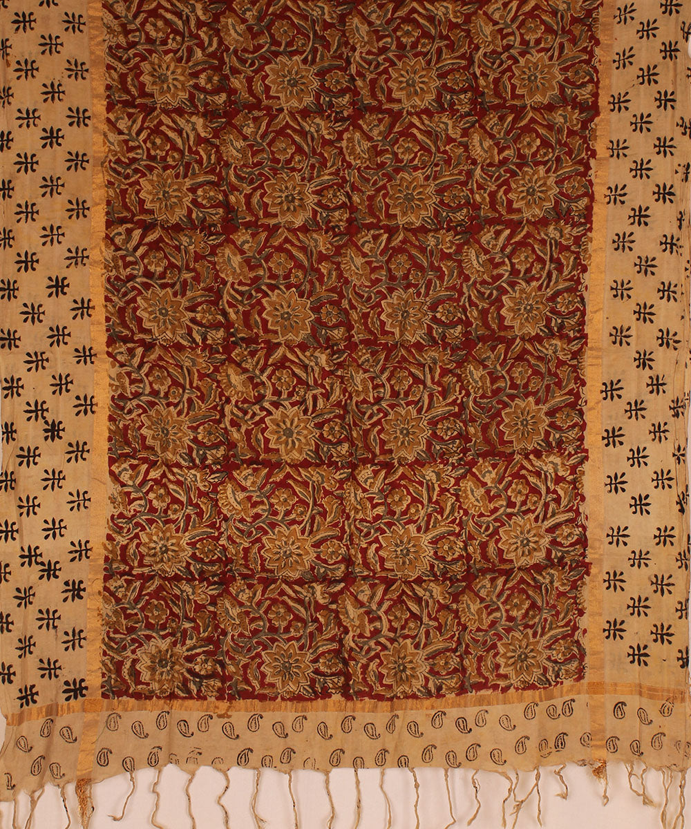 Red brown cotton handblock printed kalamkari dupatta
