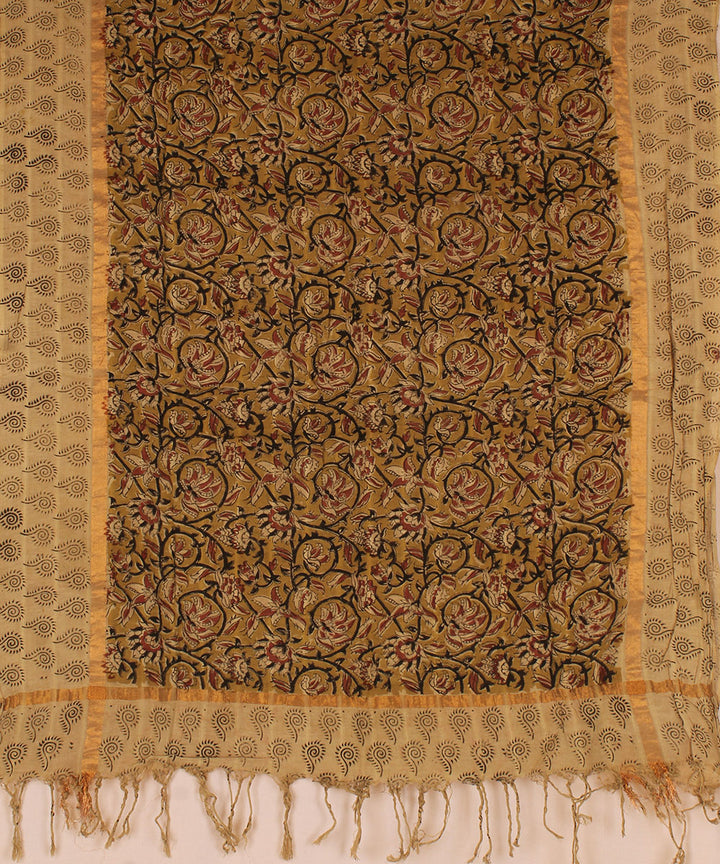 Light green beige cotton handblock printed kalamkari dupatta