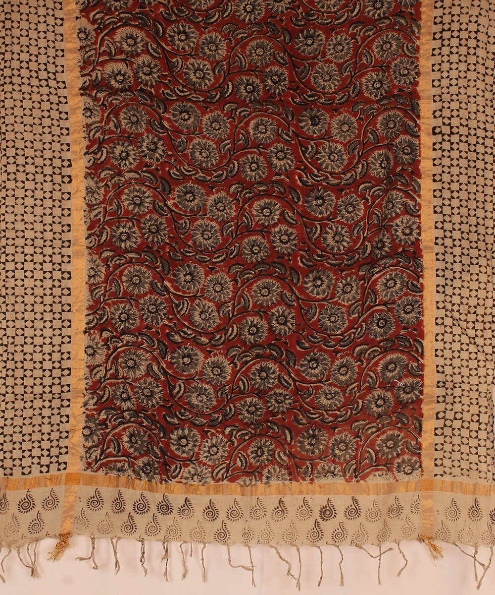 Maroon beige cotton handblock printed kalamkari dupatta
