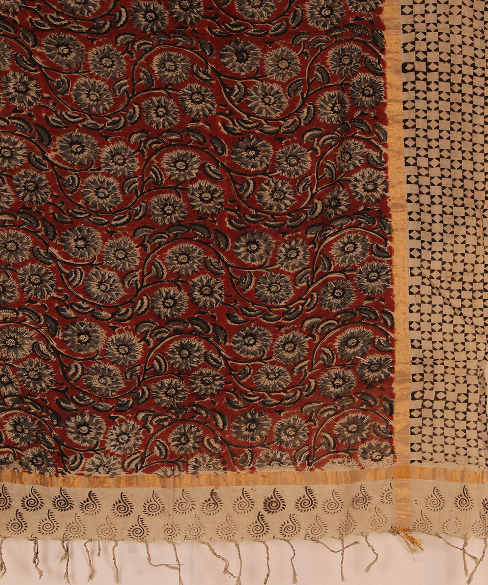 Maroon beige cotton handblock printed kalamkari dupatta