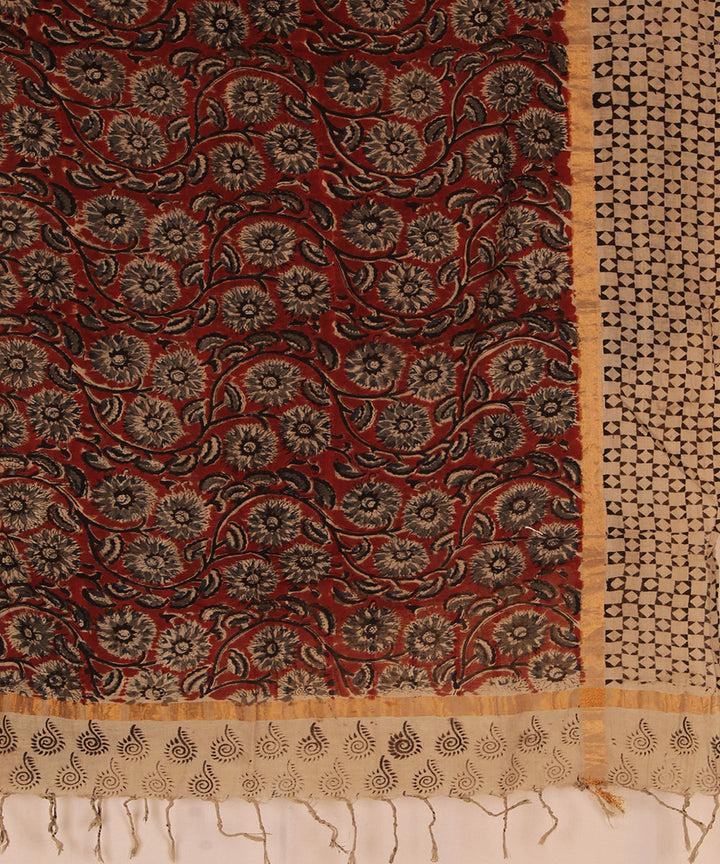 Maroon beige cotton handblock printed kalamkari dupatta