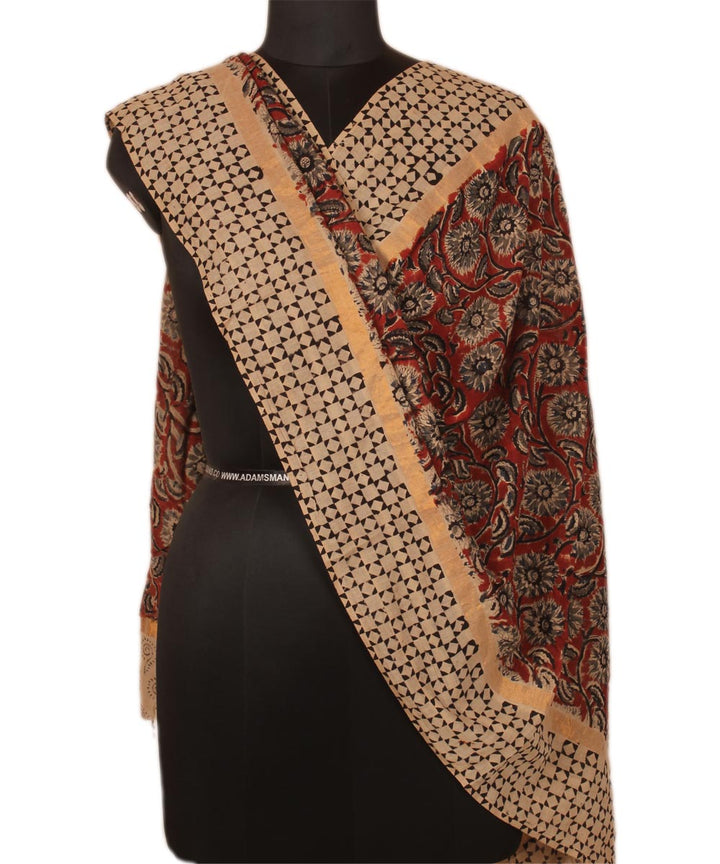 Maroon beige cotton handblock printed kalamkari dupatta
