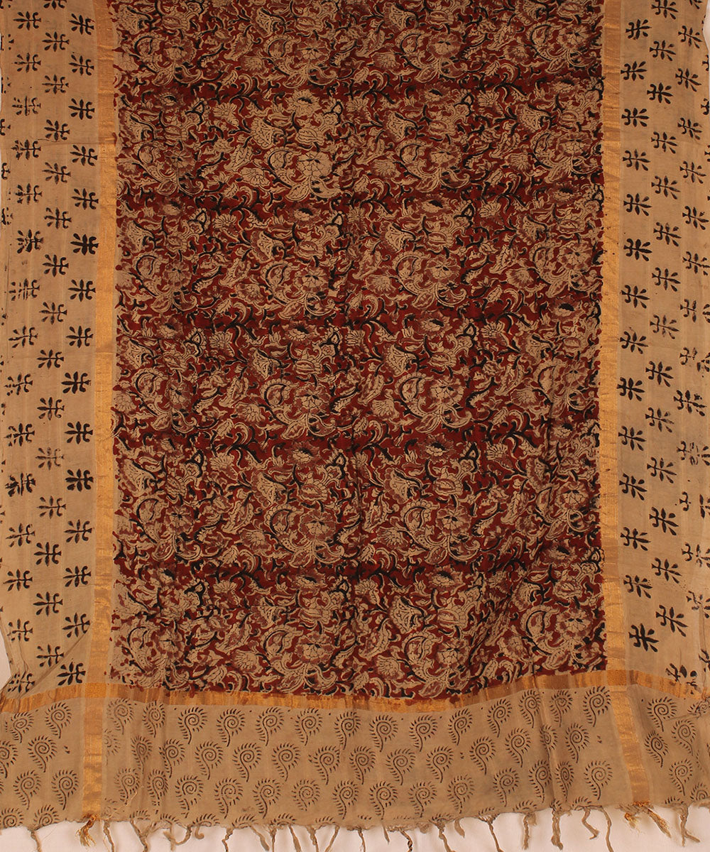 Red brown cotton hand block print kalamkari dupatta