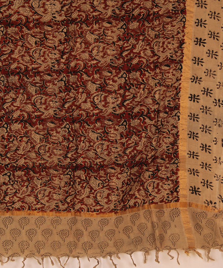 Red brown cotton hand block print kalamkari dupatta