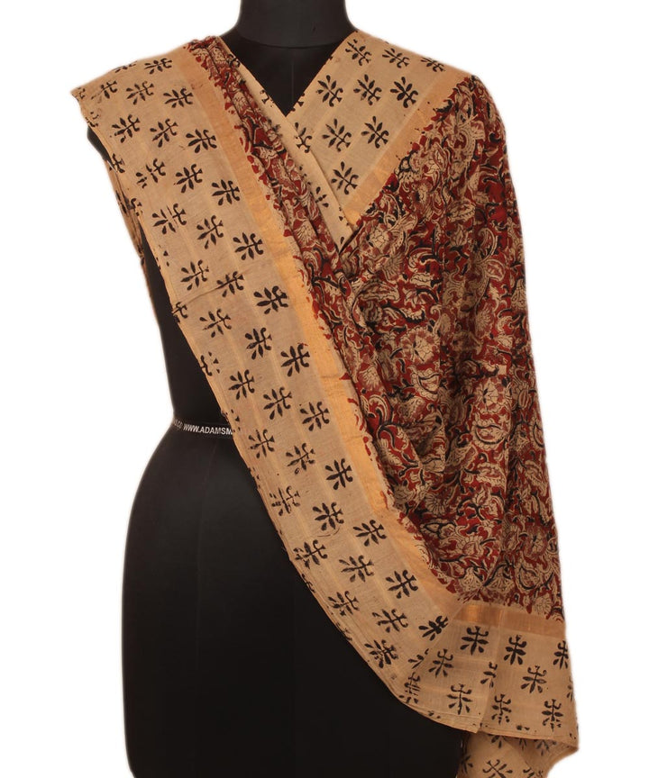 Red brown cotton hand block print kalamkari dupatta