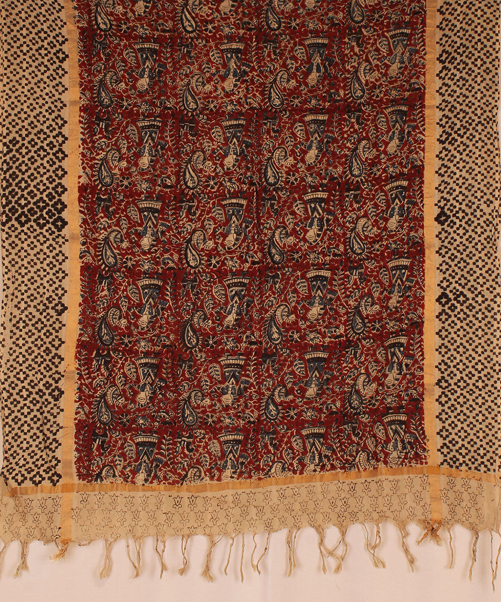 Red maroon cotton handblock print kalamkari dupatta