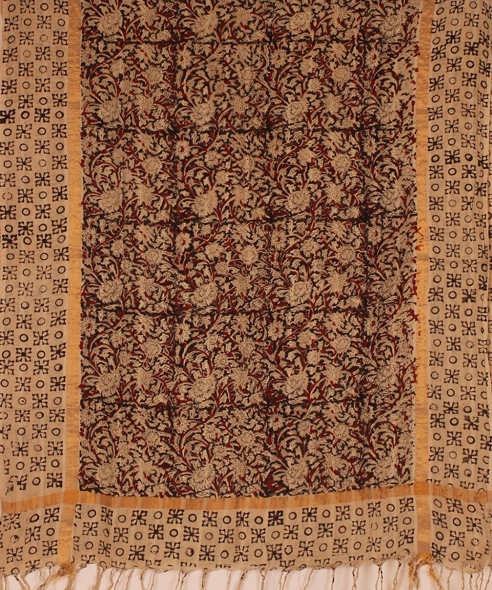 Brown beige cotton handblock printed kalamkari dupatta