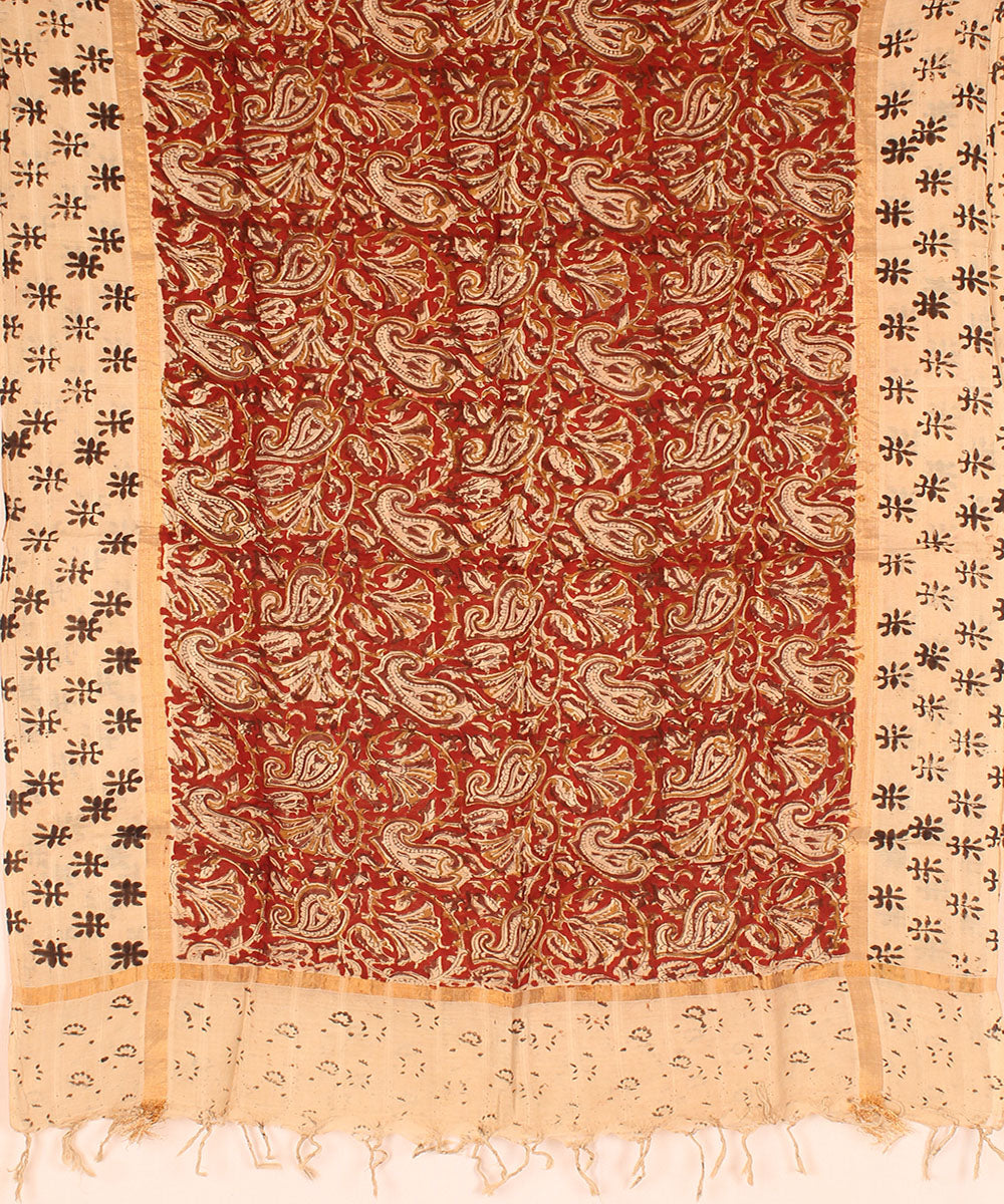 Red cream cotton handblock printed kalamkari dupatta