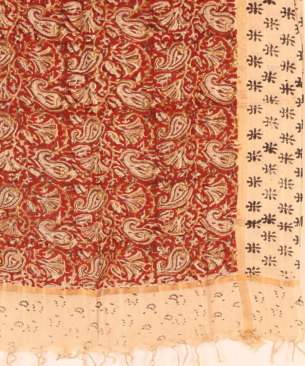 Red cream cotton handblock printed kalamkari dupatta