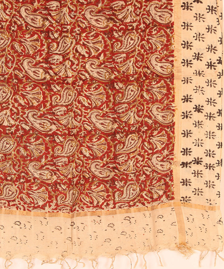 Red cream cotton handblock printed kalamkari dupatta