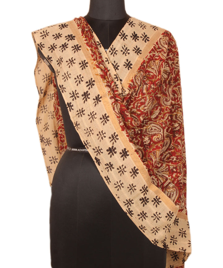 Red cream cotton handblock printed kalamkari dupatta