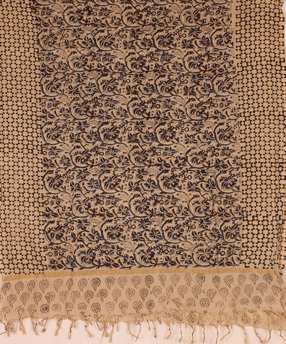 Navy blue beige cotton block printed kalamkari dupatta