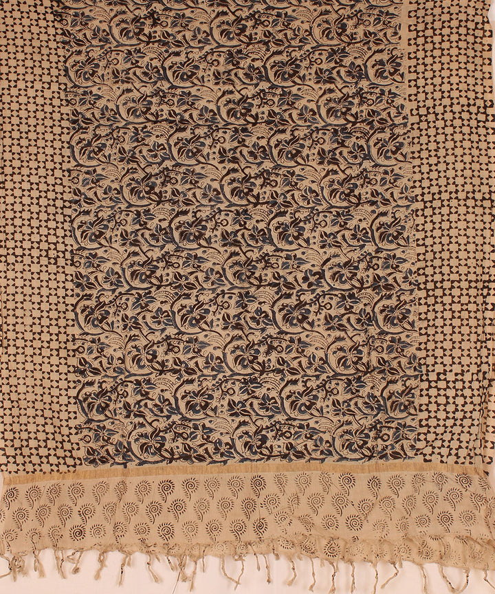 Navy blue beige cotton block printed kalamkari dupatta