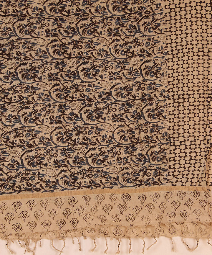 Navy blue beige cotton block printed kalamkari dupatta