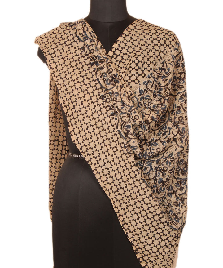 Navy blue beige cotton block printed kalamkari dupatta