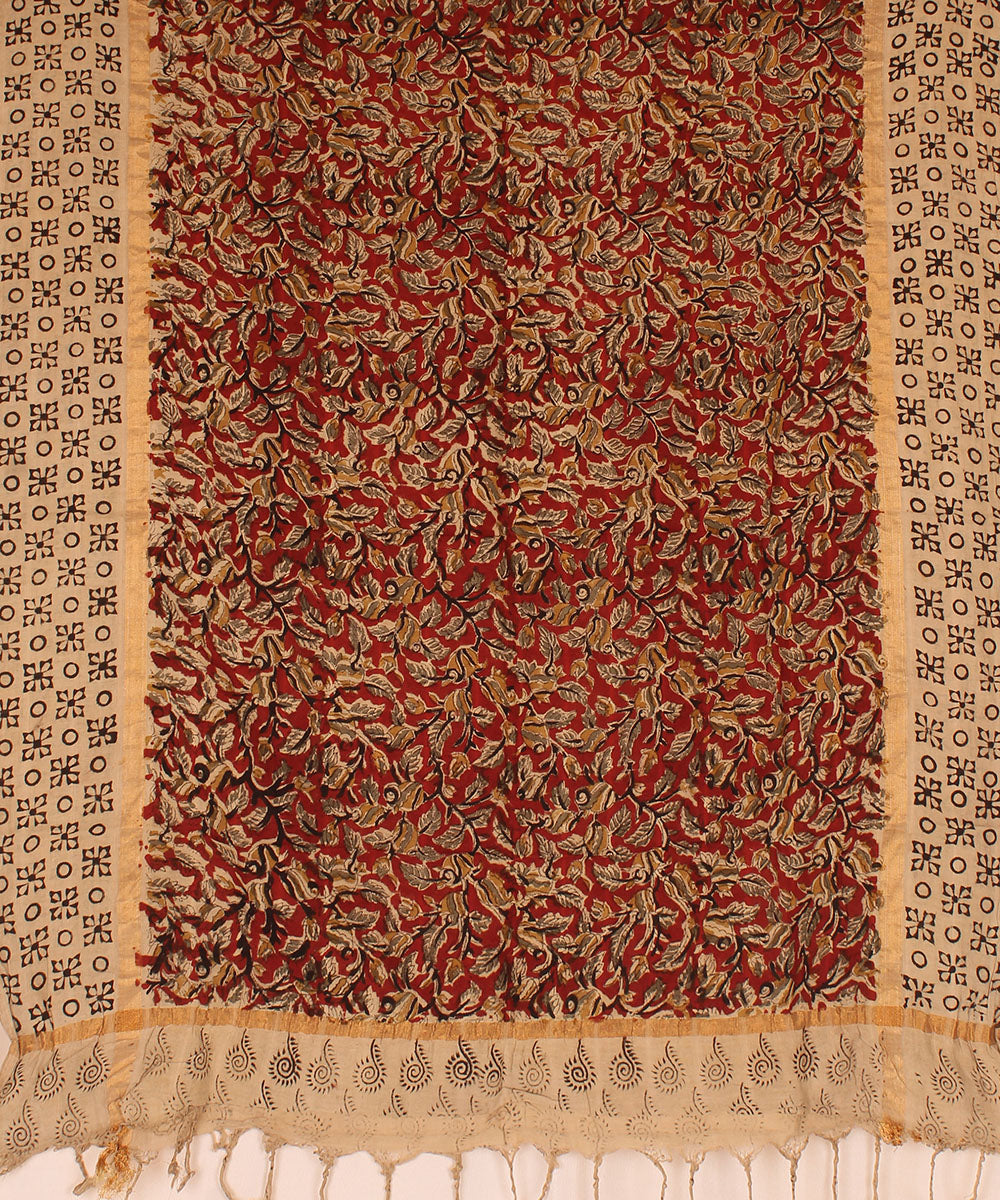 Red beige cotton hand block printed kalamkari dupatta