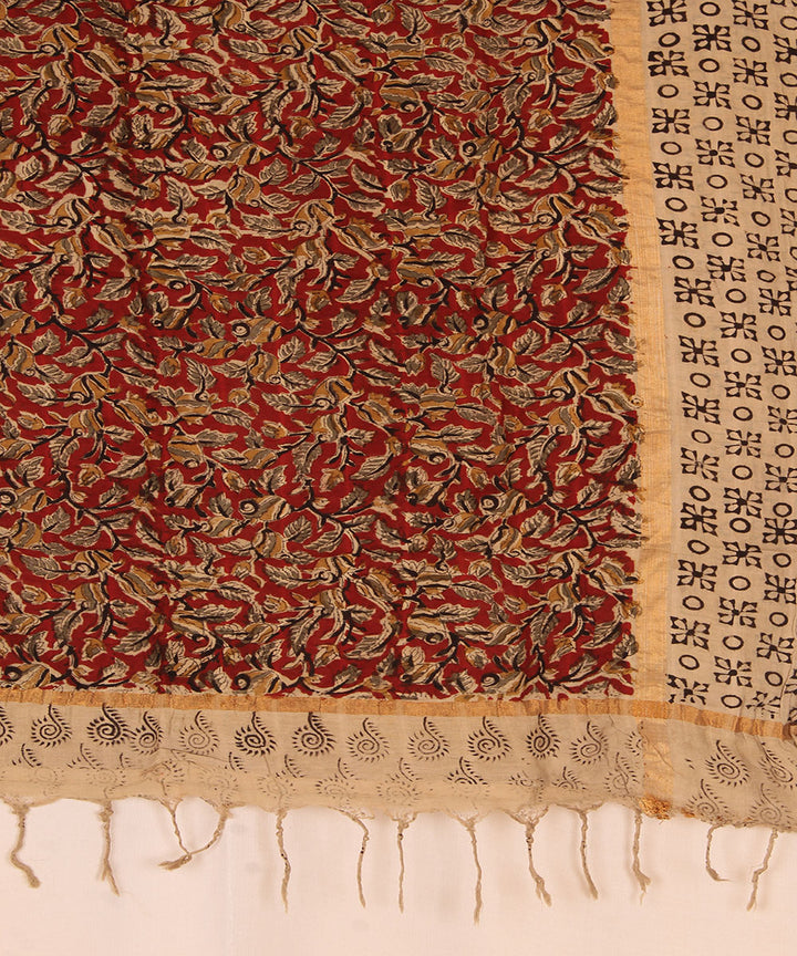 Red beige cotton hand block printed kalamkari dupatta