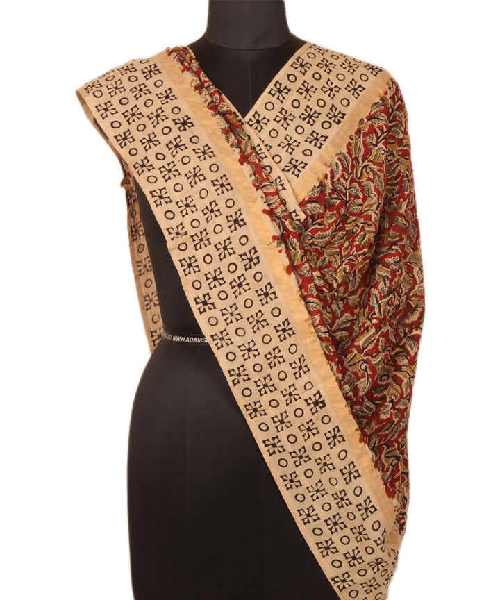 Red beige cotton hand block printed kalamkari dupatta