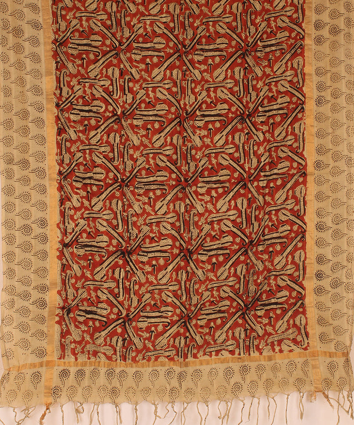 Red beige cotton handblock print kalamkari dupatta