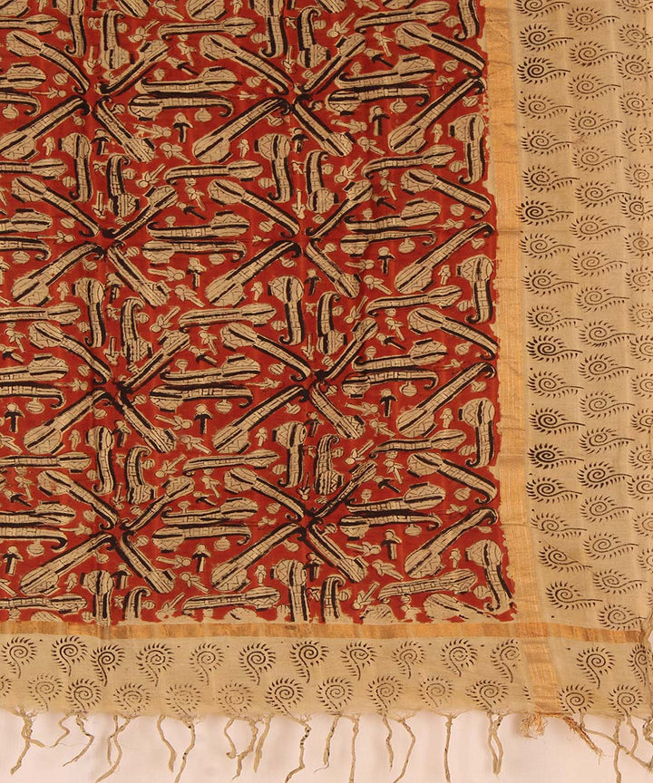 Red beige cotton handblock print kalamkari dupatta