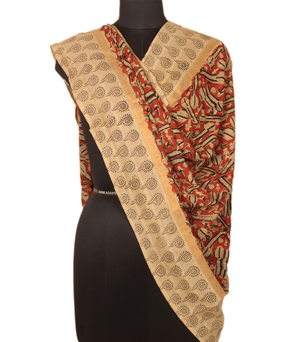 Red beige cotton handblock print kalamkari dupatta