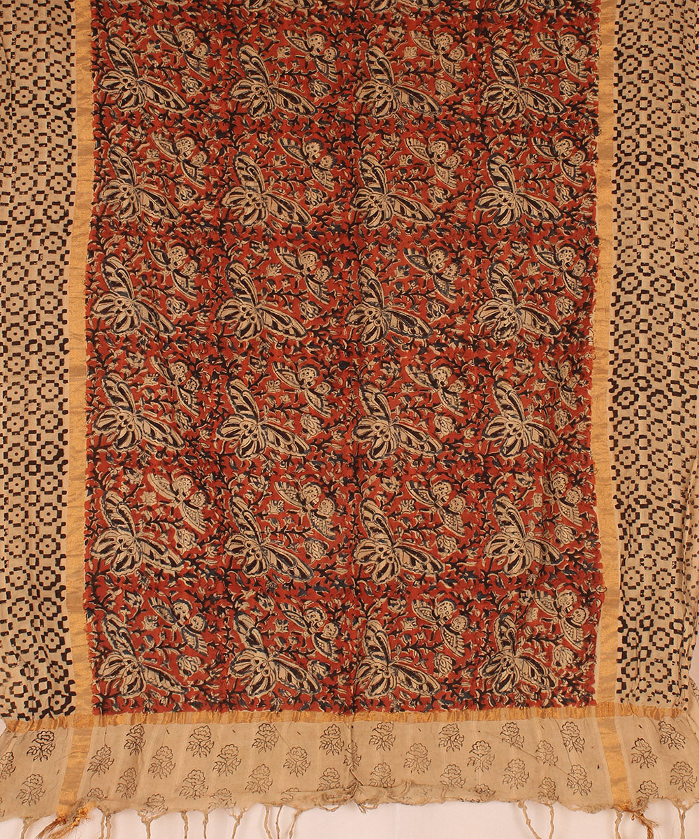 Red beige cotton block printed kalamkari dupatta