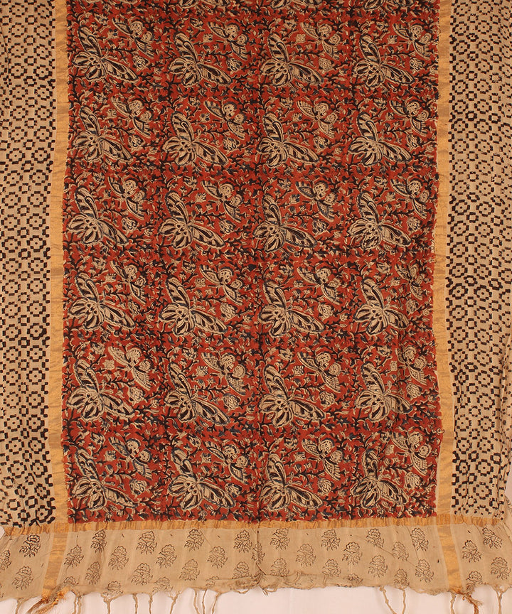 Red beige cotton block printed kalamkari dupatta