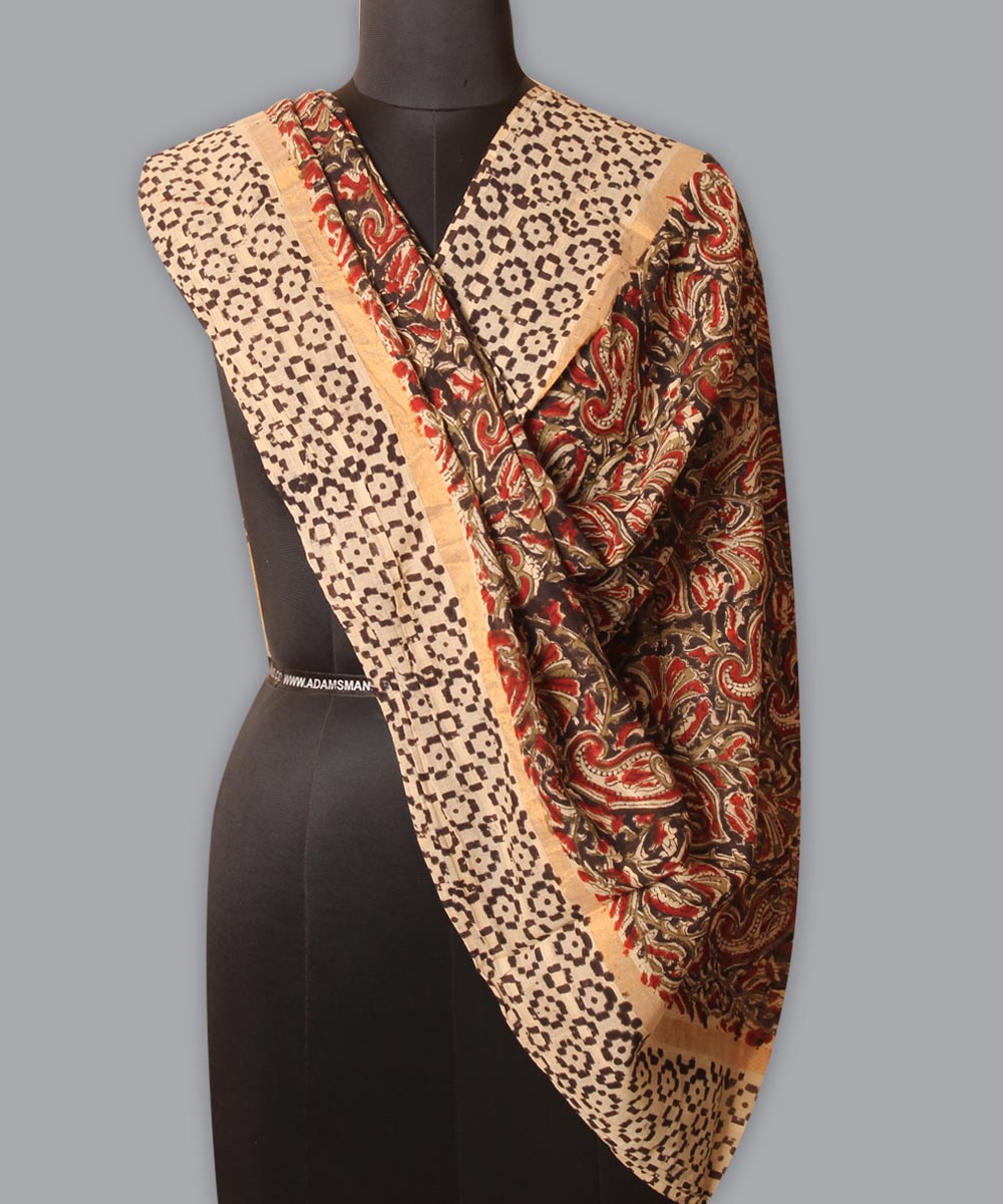 Multicolor cotton hand block printed kalamkari dupatta