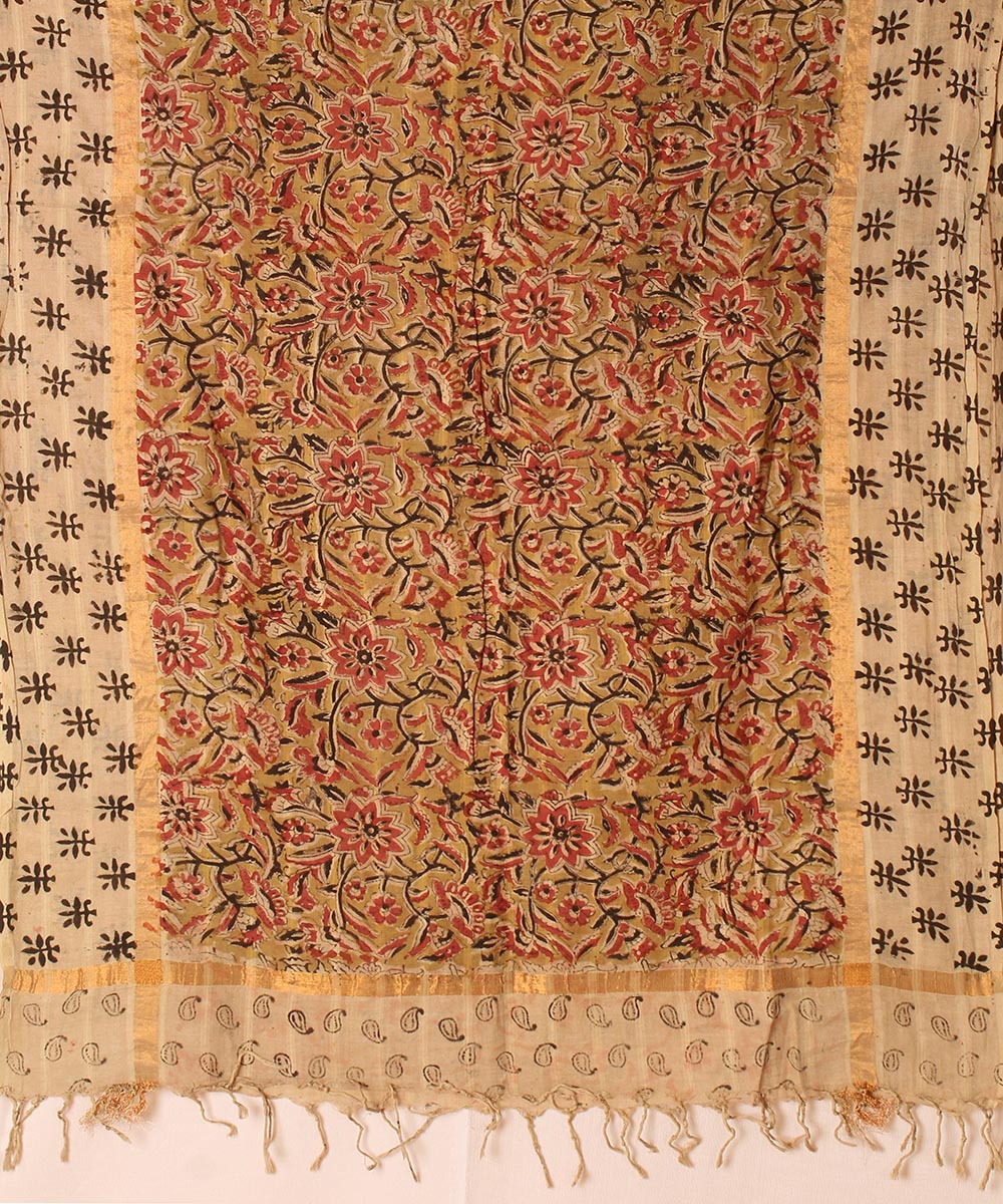 Multicolor cotton hand block printed kalamkari dupatta