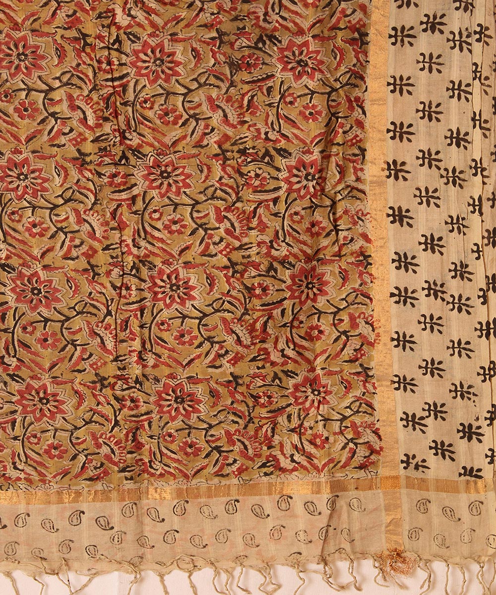 Multicolor cotton hand block printed kalamkari dupatta