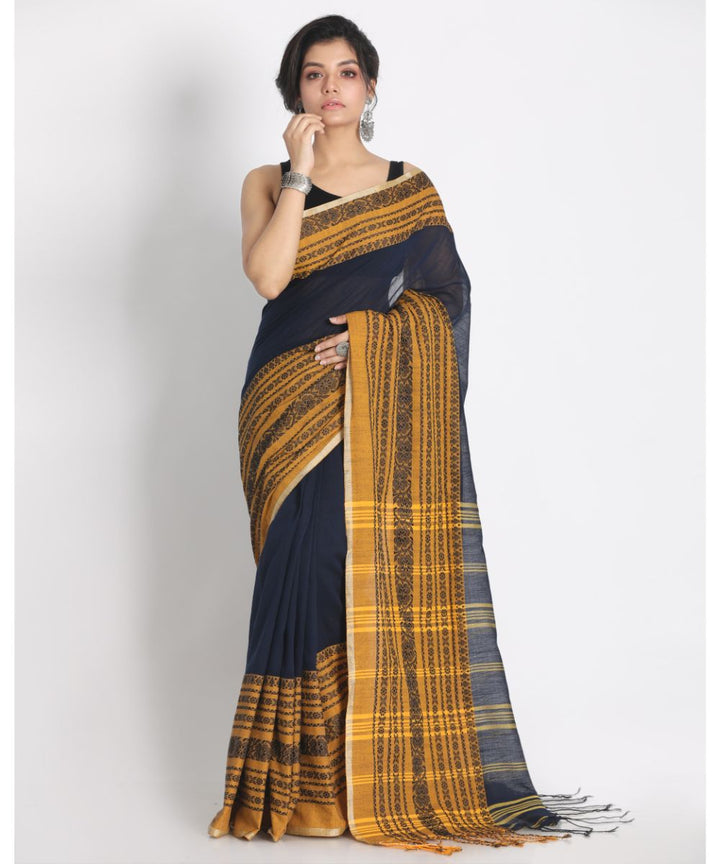 Navy blue mustard handwoven bengal cotton begumpuri saree