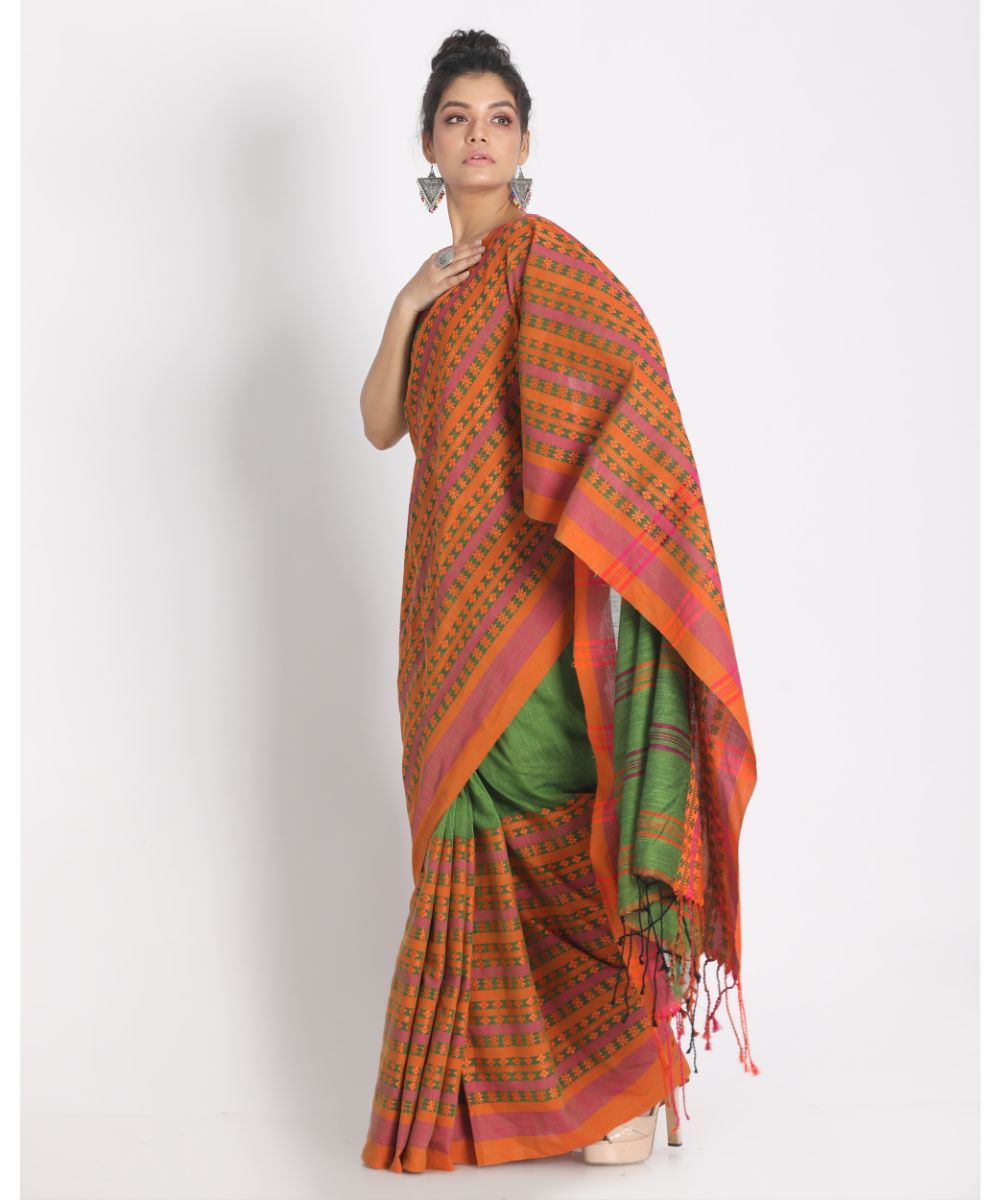Green orange handwoven bengal cotton begumpuri saree